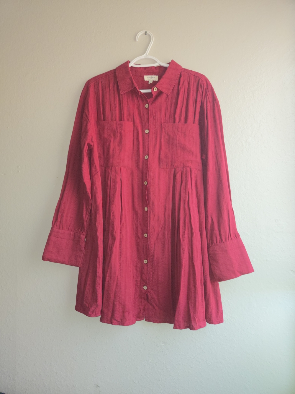 Umgee Red Button Down Pleated Tunic Dress Size M Medium 100% Cotton Long Sleeve